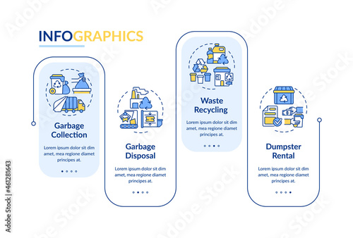 Rubbish management service vector infographic template. Presentation outline design elements. Data visualization with 4 steps. Process timeline info chart. Workflow layout with line icons