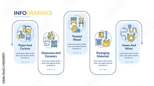 Recyclable garbage vector infographic template. Accepted waste types presentation outline design elements. Data visualization with 5 steps. Process timeline info chart. Workflow layout with line icons