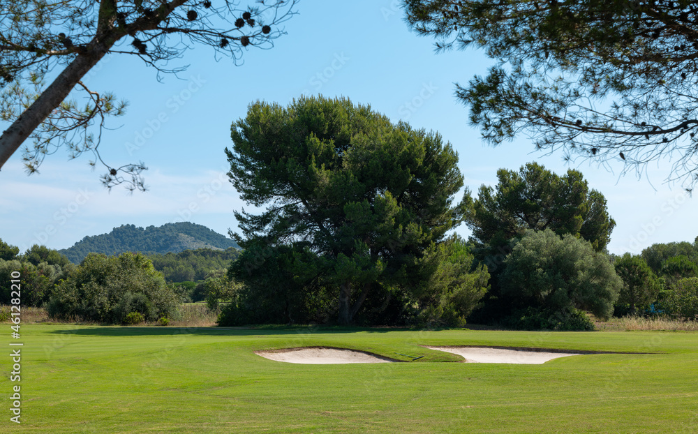 Obraz premium A golf course near Alcudia in the east of the Spanish Mediterranean island of Mallorca. There are beautiful trees on the site. In the background are mountains.