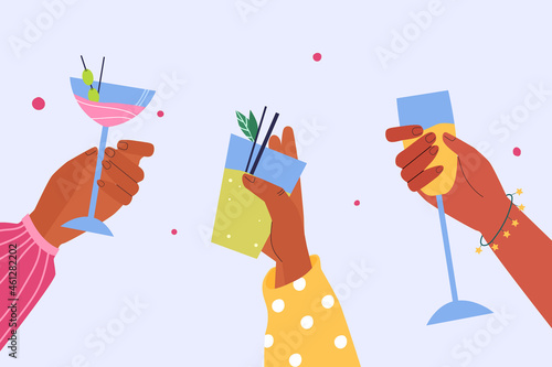 A group of people. Hands hold alcoholic cocktails. Vector illustration.