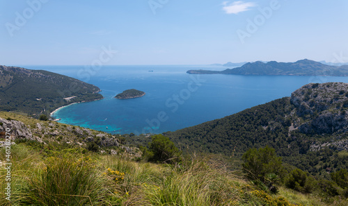 The south coast of Formentor peninsula in the east of the Mediterranean island of Mallorca seen from the highest point. Below is a beautiful bay and also a view of Mallorca's east coast.