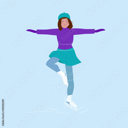 A girl in a purple jacket and a green skirt is engaged in figure skating, spinning on the rink with her hands spread apart. Winter hobbies and recreation. Vector illustration in cartoon style.