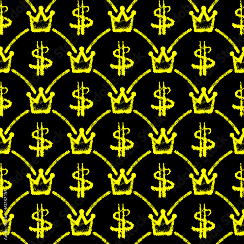 Beautiful yellow ink crowns, lines, and dollar signs isolated on black background. Cute monochrome royal seamless pattern. Vector simple flat graphic hand drawn illustration. Texture.