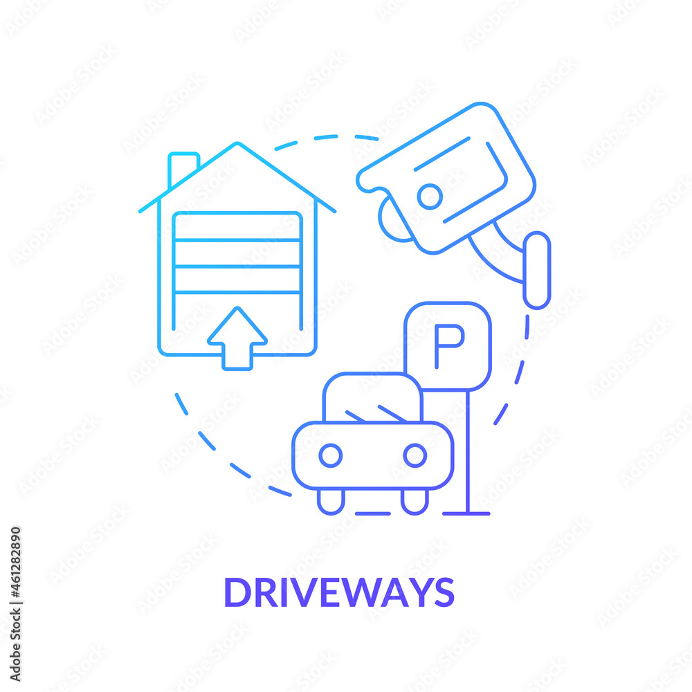 Driveways blue gradient concept icon. Security alarm system abstract idea thin line illustration. Place camera above garage door. Parking surveillance. Vector isolated outline color drawing. Driveways blue gradient concept icon. Security alarm system abstract idea thin line illustration. Place camera above garage door. Parking surveillance. Vector isolated outline color drawing.