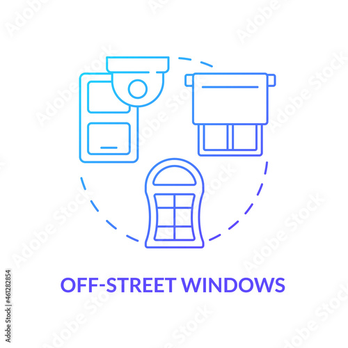 Off street windows blue gradient concept icon. Security system abstract idea thin line illustration. Place cameras above windows. Break in prevention. Vector isolated outline color drawing.