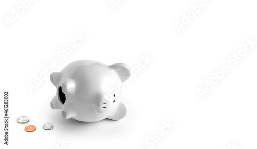 fallen piggy bank with US coins coming out  white piggy with white background bottom left corner isolated black and white