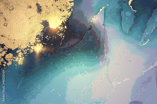Gold, blue and celadon abstract marble background with sparkles. Vector texture in alcohol ink technique with glitter. Template for banner, poster design. Fluid art painting