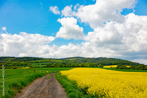 View on Sudetes mountains and rural road in spring time  South Poland