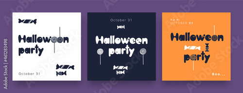 Set of banners for Halloween. Vector illustration in the style of minimalism. Lettering. Halloween party invitation card design with simple candy and lollipop decor.