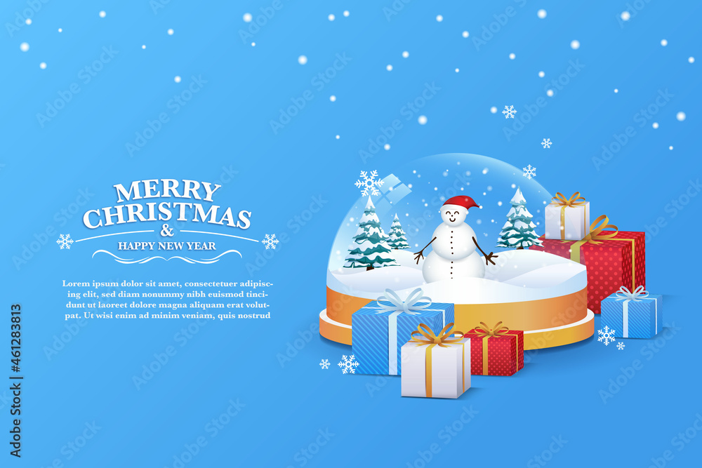 Merry Christmas and Happy New Year. Christmas background with snowman and gifts