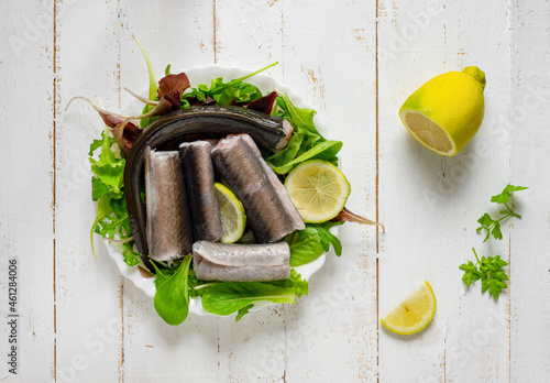 Typical Neapolitan raw fish dish of the Christmas period. Capitone, eel, cod and clams