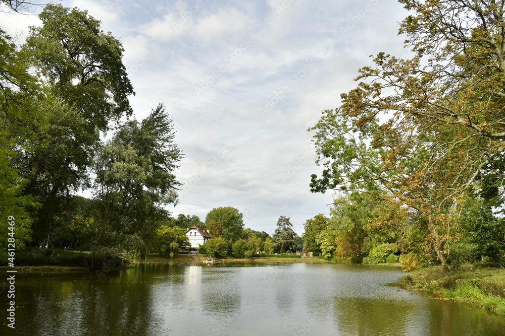 Obraz premium Effet miroité sous un ciel gris aux Etangs Mellaerts à Woluwe-St-Pierre