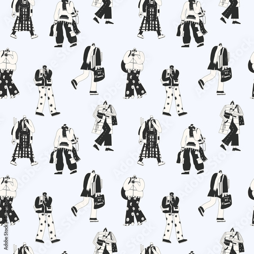 vector seamless pattern black and white people.Citylife routine and life balance.Urban lifestyle.Mixed race street style influencers.Template for printing paper, fabric, wallpaper.Generation Z fashion