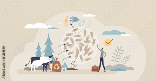 Biomass energy as alternative electricity production tiny person concept. Renewable eco power generation solution using living organisms vector illustration. Plants and animals waste effective usage.