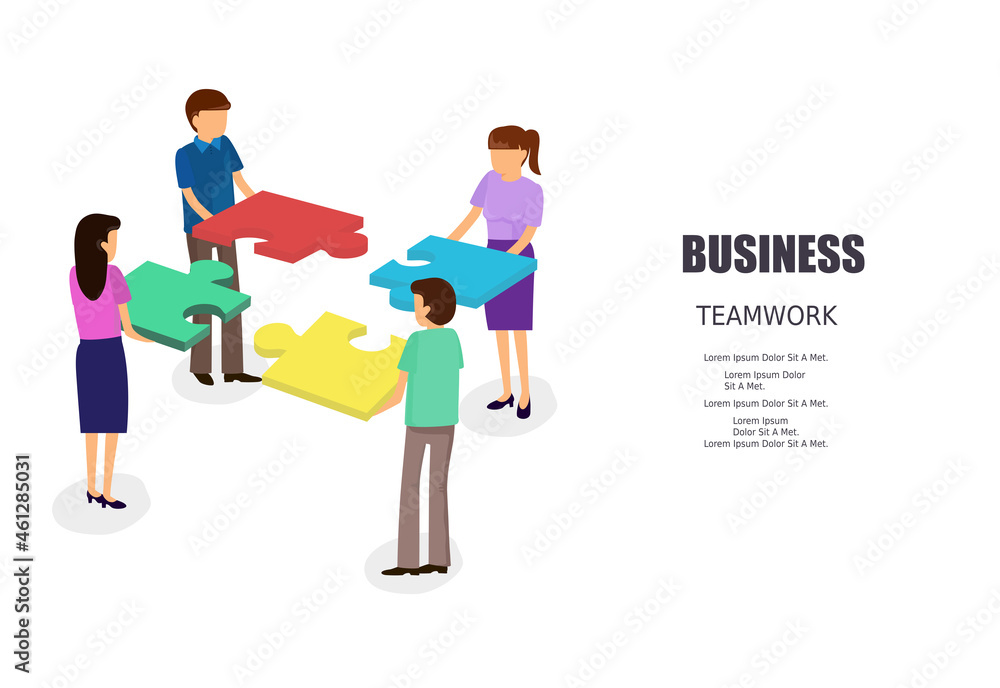Isometric people holding puzzle isolated on white background. Teamwork people infographics for web site, banner, poster and placard. Creative business concept, vector illustration