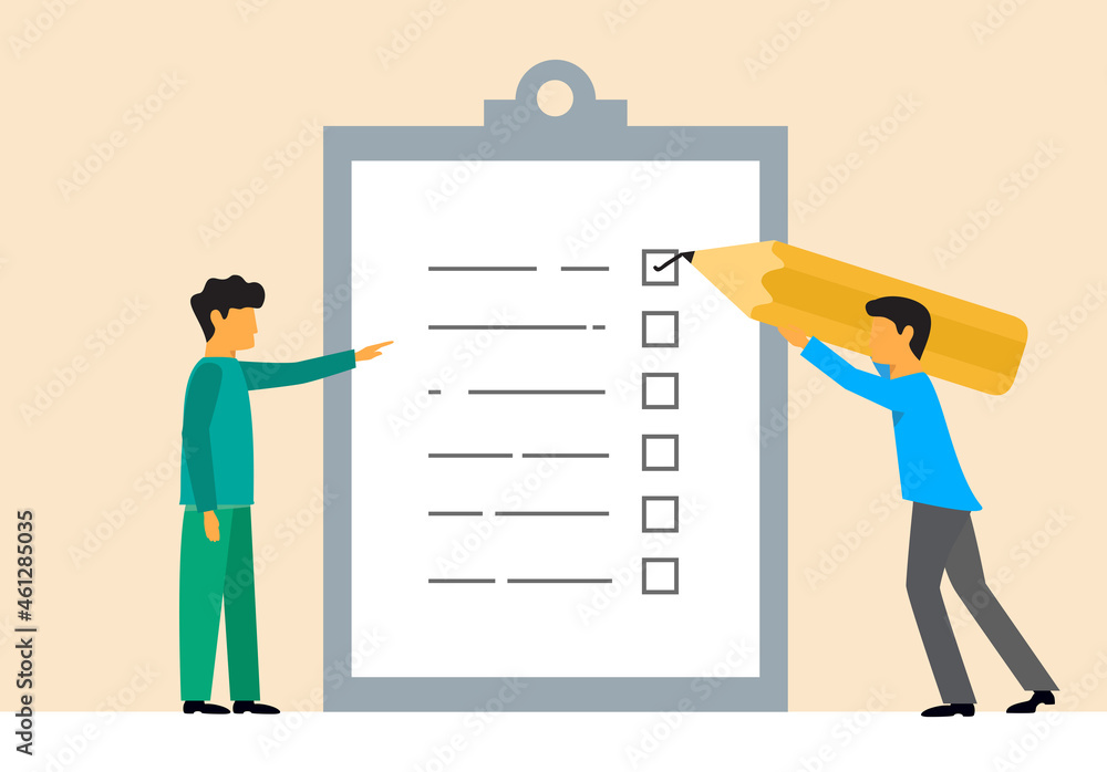 Man showing checklist. Boy filling tasks to checklist. For web site, app, banner, ux and ui. Concept for ad, poster, placard, web template and landing page. Creative vector illustration Man showing checklist. Boy filling tasks to checklist. For web site, app, banner, ux and ui. Concept for ad, poster, placard, web template and landing page. Creative vector illustration