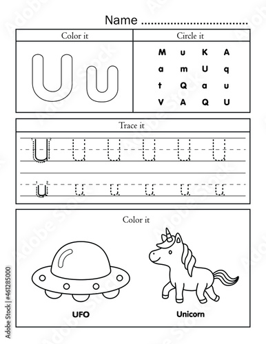English alphabet letters tracing line printable worksheet with cute picture for coloring for vocabulary learning. Basic writing practice for preschool and kindergarten kids student and teacher.