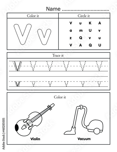 English alphabet letters tracing line printable worksheet with cute picture for coloring for vocabulary learning. Basic writing practice for preschool and kindergarten kids student and teacher.