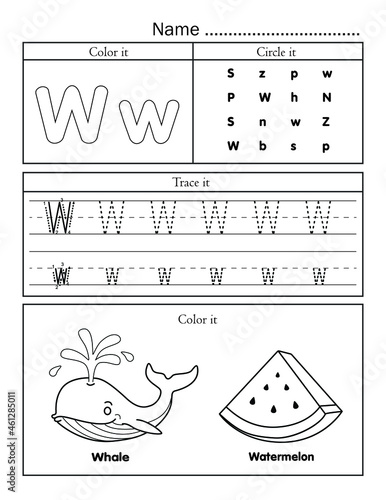 English alphabet letters tracing line printable worksheet with cute picture for coloring for vocabulary learning. Basic writing practice for preschool and kindergarten kids student and teacher.