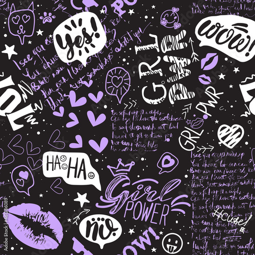 Hand-drawn seamless pattern Girl Power of fashionable girls. Abstract background with graffiti elements, icons, handwritten doodles, doodle elements. Girlish print for textiles, packaging.