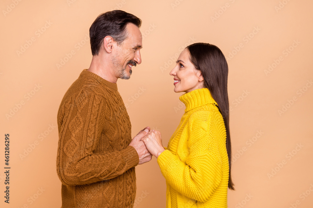 Profile photo of brunette couple look hold arms wear fall knitwear sweater isolated on beige color background Profile photo of brunette couple look hold arms wear fall knitwear sweater isolated on beige color background