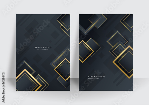 Modern black gold cover design set. Luxury creative gold dynamic diagonal line pattern. Formal premium vector background for business brochure, poster, notebook, menu template