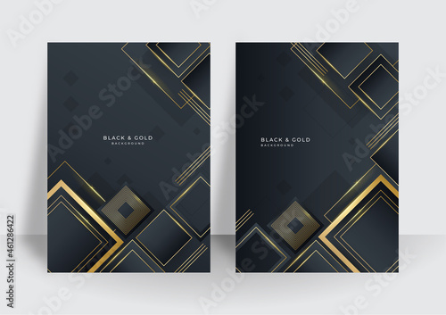 Modern black gold cover design set. Luxury creative gold dynamic diagonal line pattern. Formal premium vector background for business brochure, poster, notebook, menu template