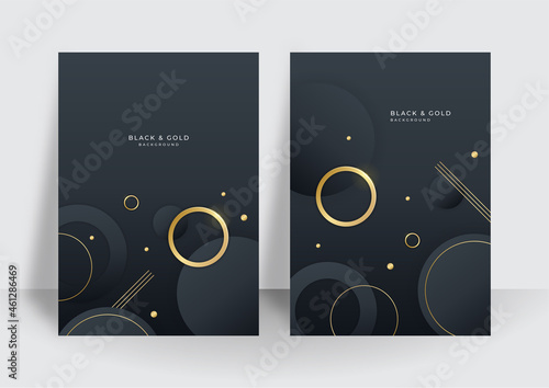 Modern black gold cover design set. Luxury creative gold dynamic diagonal line pattern. Formal premium vector background for business brochure, poster, notebook, menu template