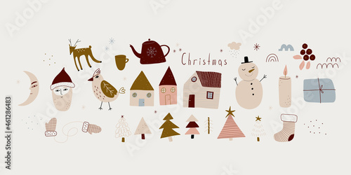 modern boho hygge minimalism. merry christmas and new year. winter stickers for design. vector set of christmas elements.