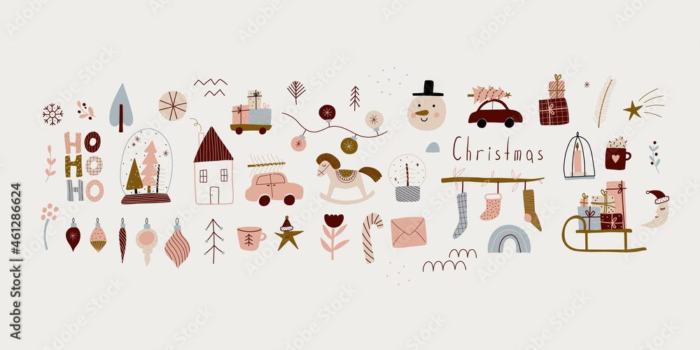 modern boho hygge minimalism. merry christmas and new year. winter stickers for design. vector set of christmas elements. - obrazy, fototapety, plakaty 