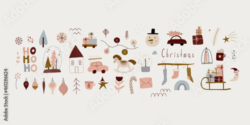 modern boho hygge minimalism. merry christmas and new year. winter stickers for design. vector set of christmas elements.