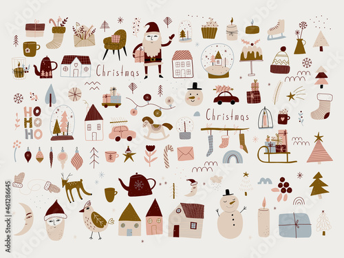 modern boho hygge minimalism. merry christmas and new year. winter stickers for design. vector set of christmas elements.