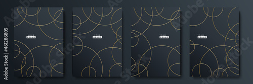 Modern black cover design set. Luxury creative line pattern in premium colors: black, gold and white. Formal vector for notebook cover, business poster, brochure template, magazine layout