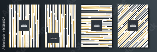 Modern black cover design set. Luxury creative line pattern in premium colors: black, gold and white. Formal vector for notebook cover, business poster, brochure template, magazine layout
