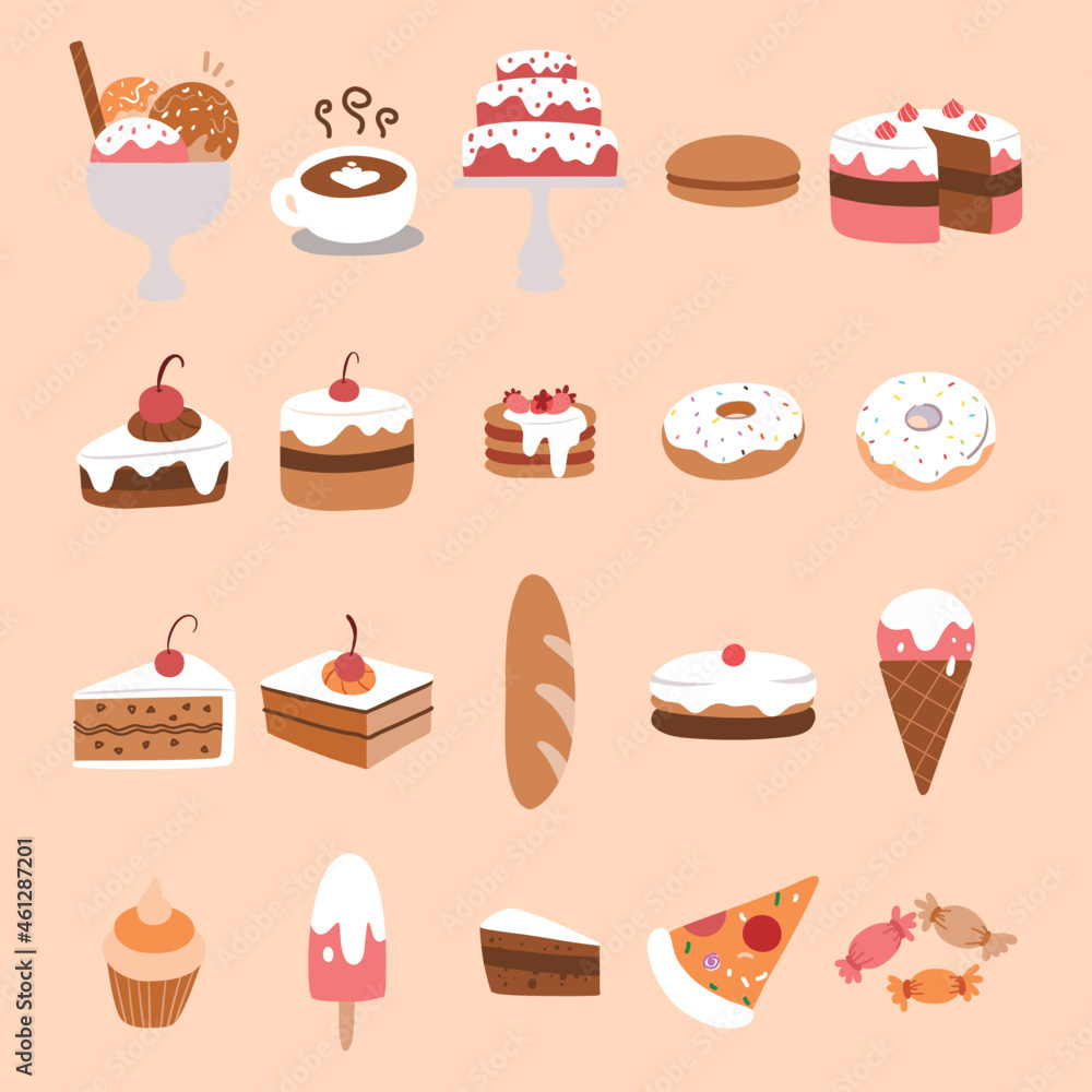 Set of vector lineless cake and ice cream doodle Set of vector lineless cake and ice cream doodle