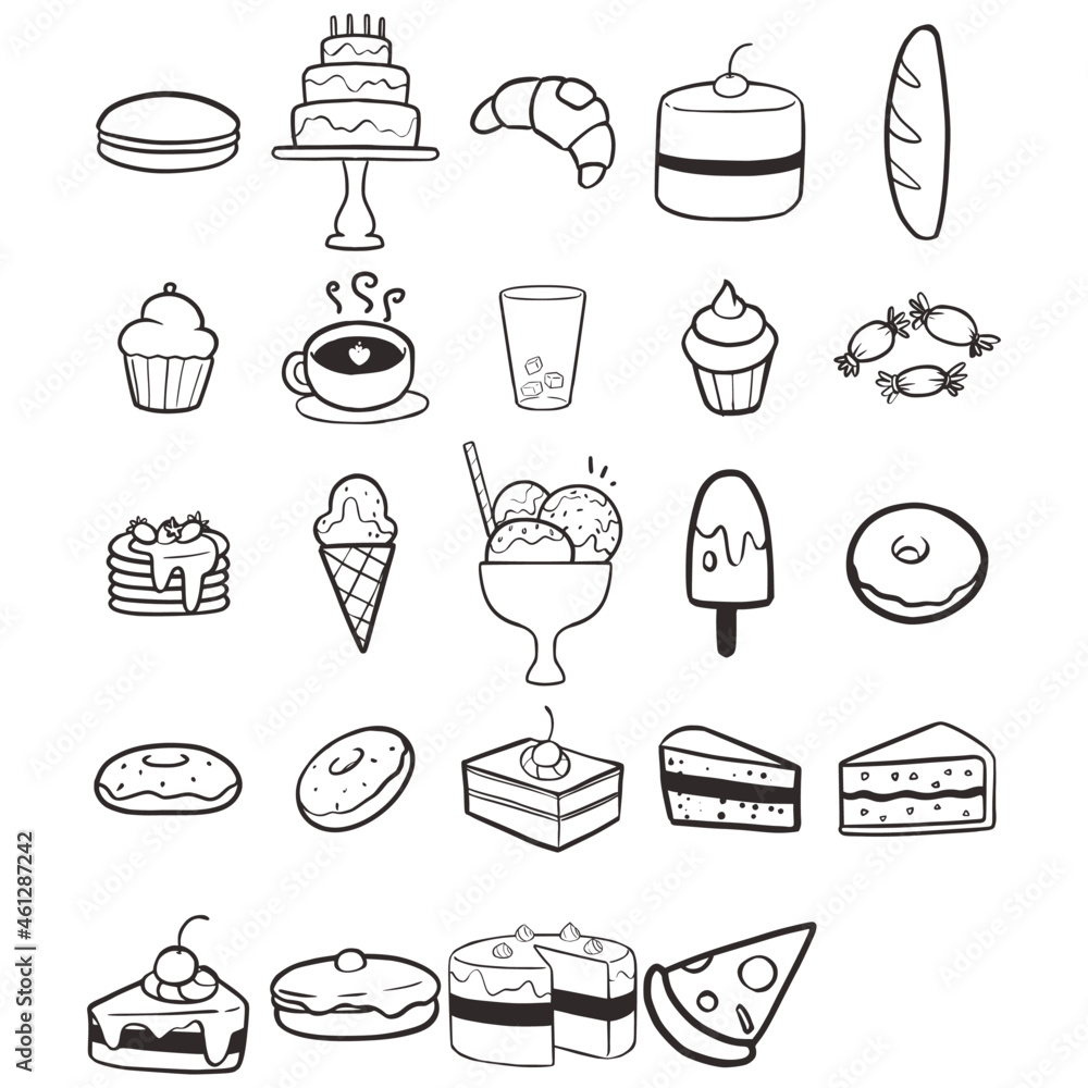 Set of vector lineart cake and ice cream doodle Set of vector lineart cake and ice cream doodle