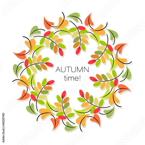 Autumn frame, wreath. Autumn time. Decorative fall foliage border. Design with autumn falling leaves