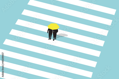High Angle View Of People With Umbrellas Crossing Road In City