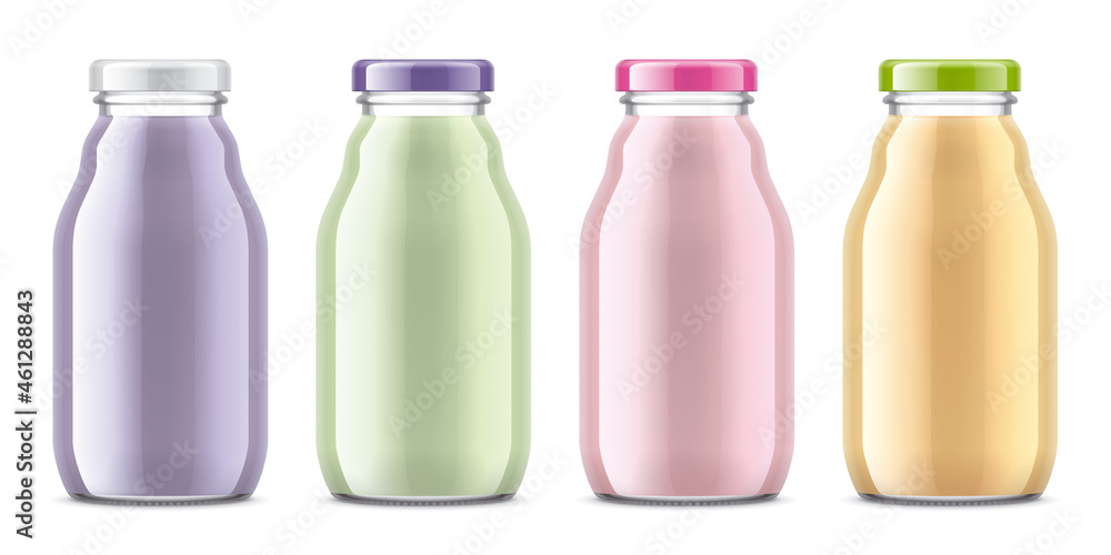 Set of Glass Bottles with Juice, Smoothie or Puree.