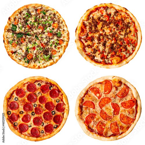 Isolated collage of various types of pizza on white