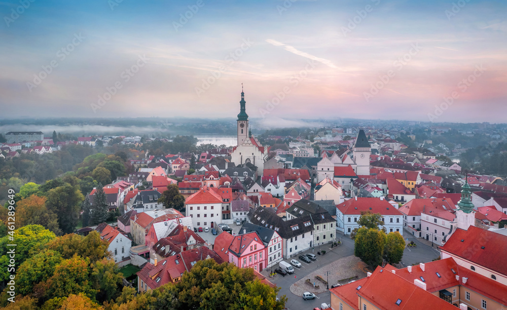 Tabor, Czechia. Aerial view of historic old town on sunrise