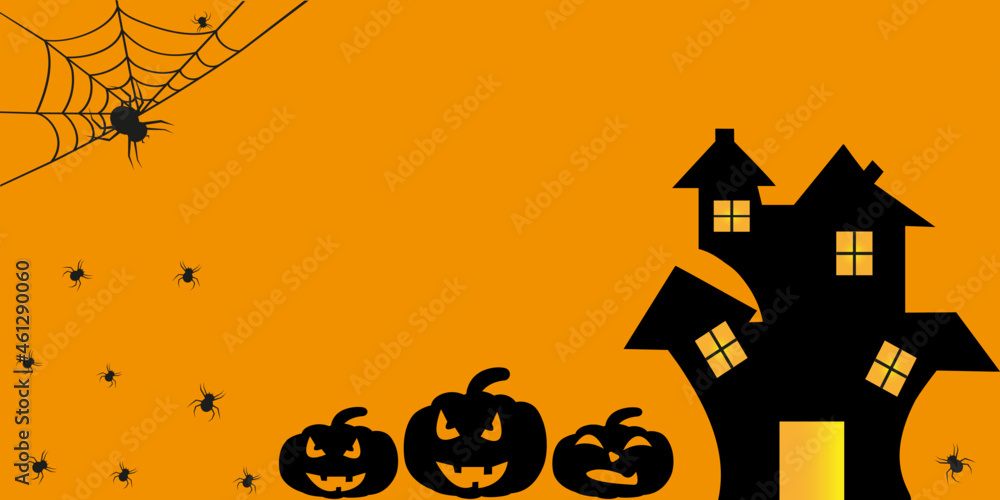 Happy Halloween illustration or banner with an invitation to a pumpkin party in a cut style. An orange pumpkin with a frightening smile, spiders and a house of fear. Vector illustration. 