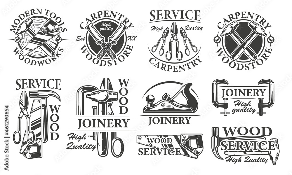 Set of vintage carpentry badges with wood service tools on the white background. Vector