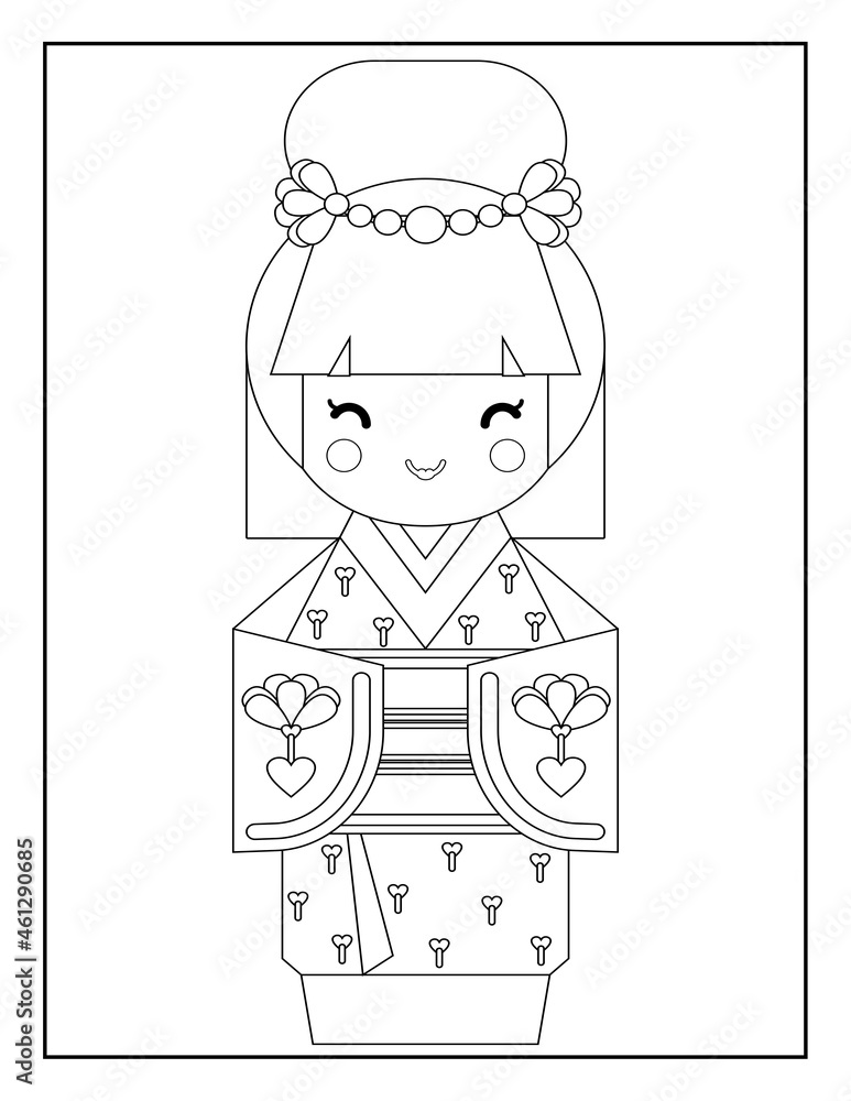 Coloring Book Pages for Kids. Coloring book for children. Kokeshi Dolls ...