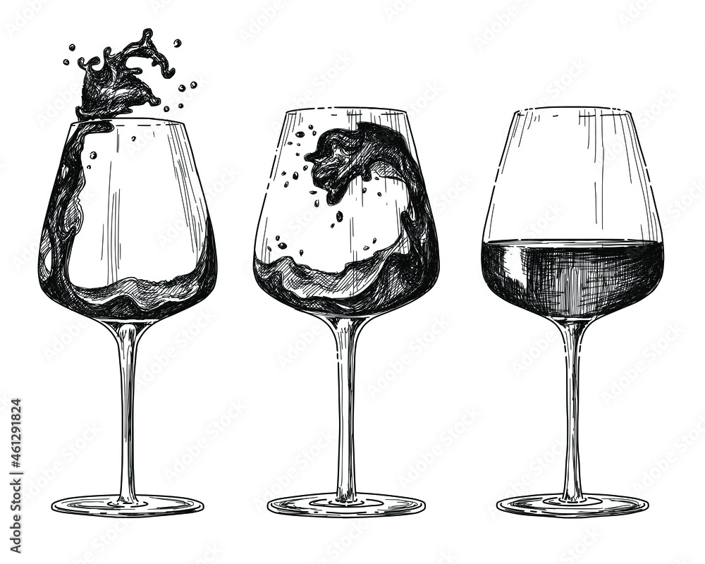 Sketch glass of red wine set on white background. Vintage drink illustration.