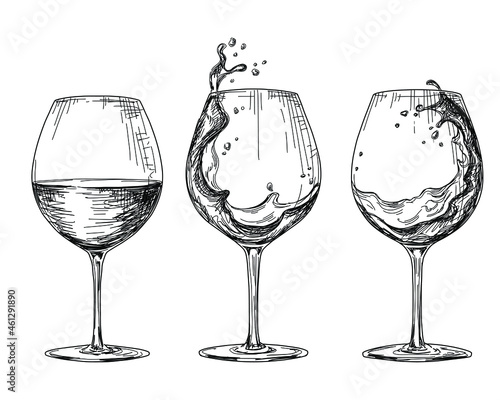 Sketch glass of wine set on white background. Vintage drink illustration.
