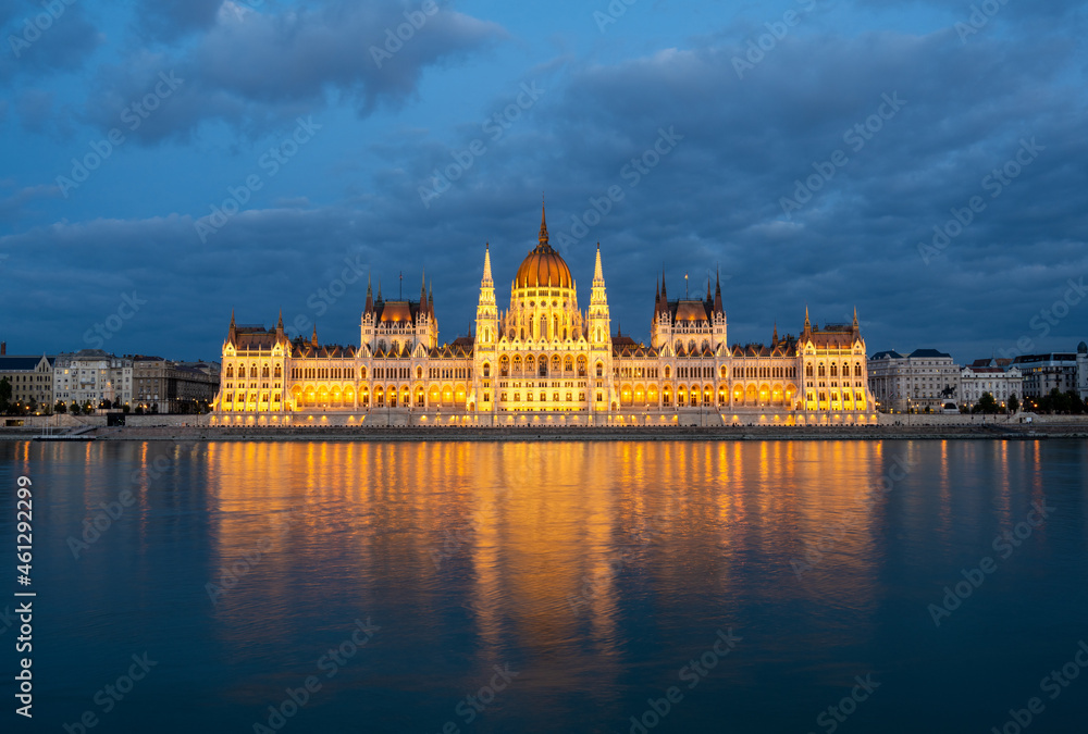 evening view of the amazing architecture of hungarian parliament in Budapest, Hungary