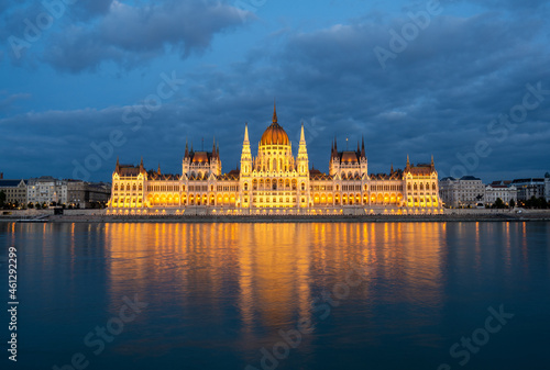 evening view of the amazing architecture of hungarian parliament in Budapest, Hungary