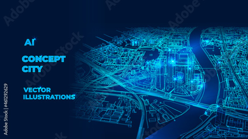 Polygonal 3d city in dark blue background. Outline city concept vector. Wire-frame style. The layers of visible and invisible lines. 3D illustration