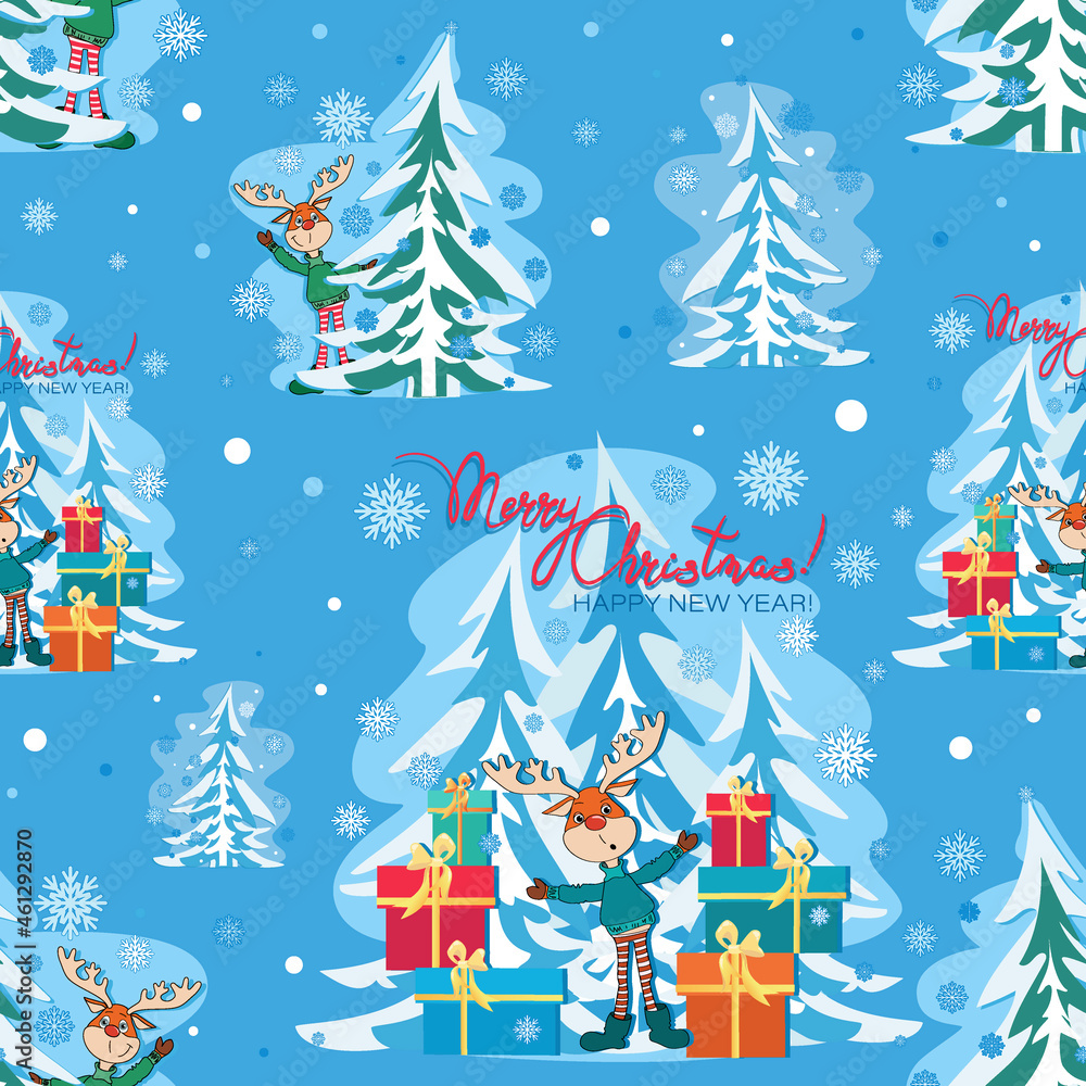 Christmas deer, gifts. MERRY CHRISTMAS. Funny winter character. Seamless pattern.